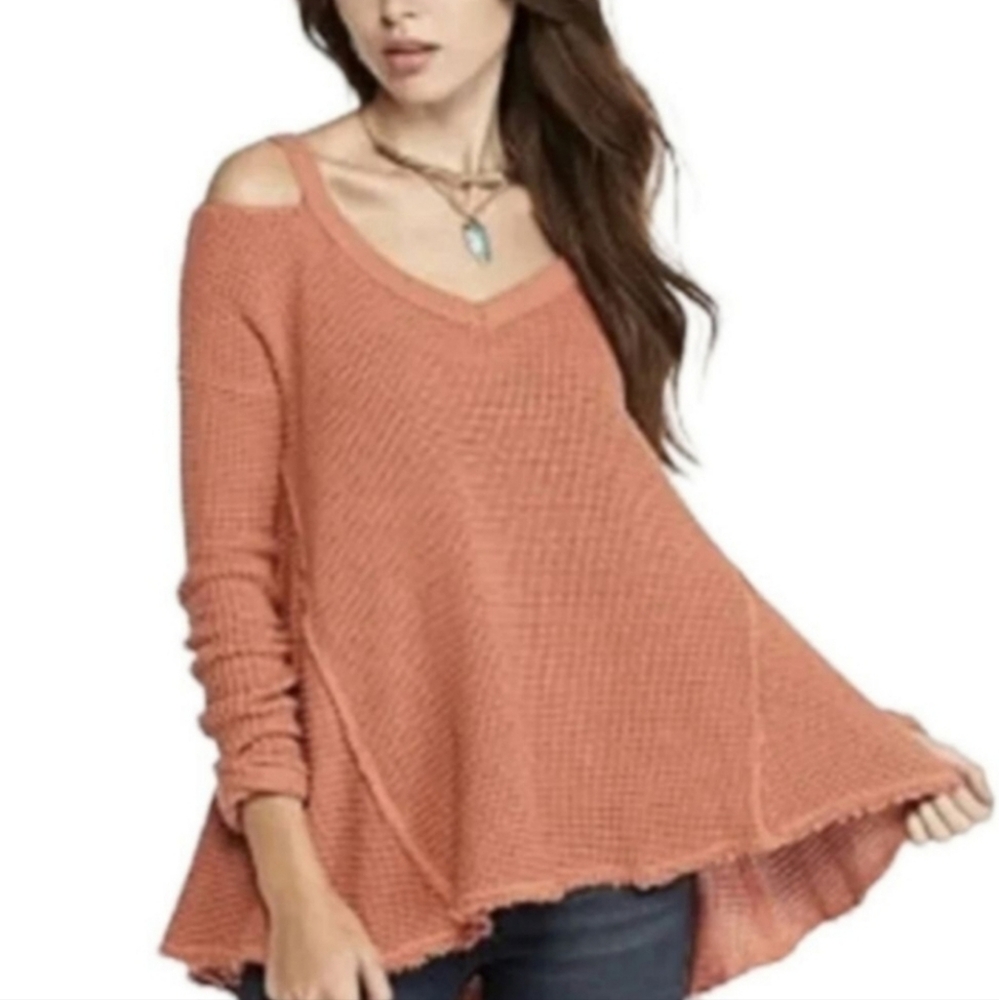 Free People Rust Pure Cotton Cold Shoulder Knit Thermal Sweater Women's Size S
